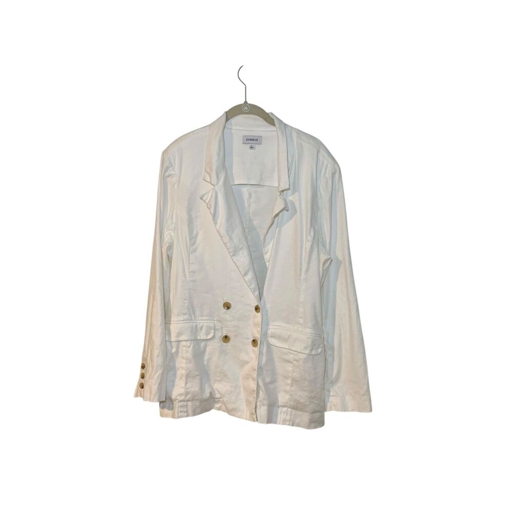 Evereve Womens White Double Breasted Linen Blend Blazer L Preppy Office Casual